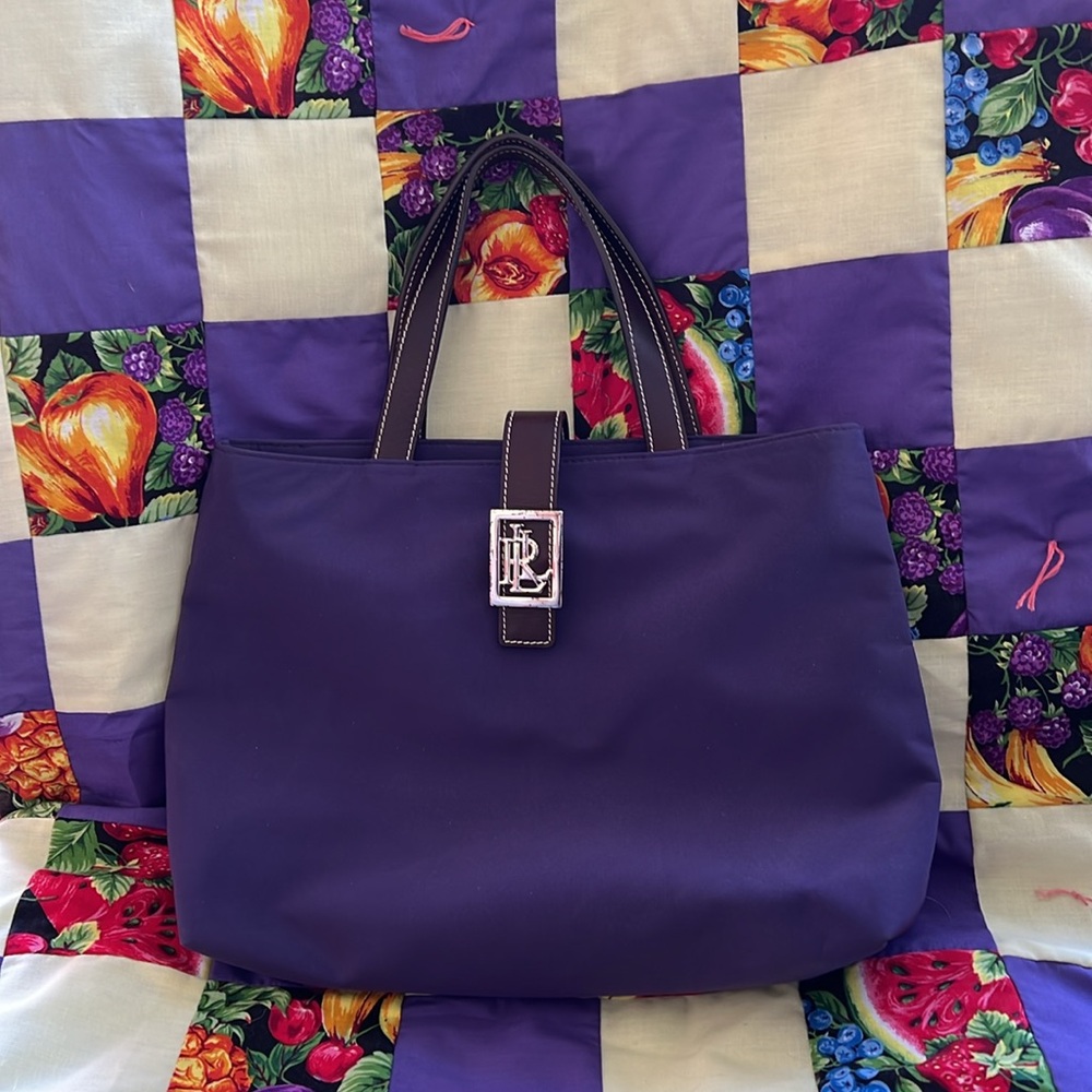 Lauren Ralph Lauren purple nylon small tote with brown handles. Front snap close